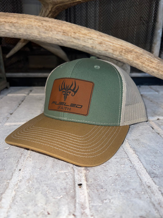 Three Color Outdoor Cap Patch Hat. Green/Gold/Tan